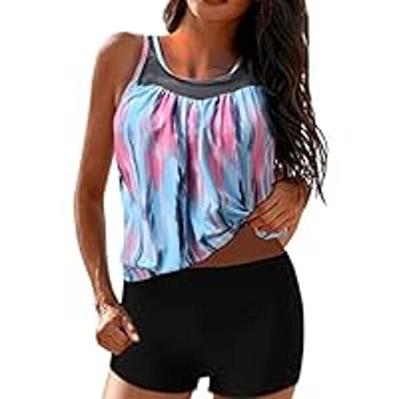 NEW WOMEN'S 2 PIECE TANKINI COLOR BLOCK STRIPE W/ BOY SHORTS & TUMMY CONTROL XXL - Picture 1 of 8